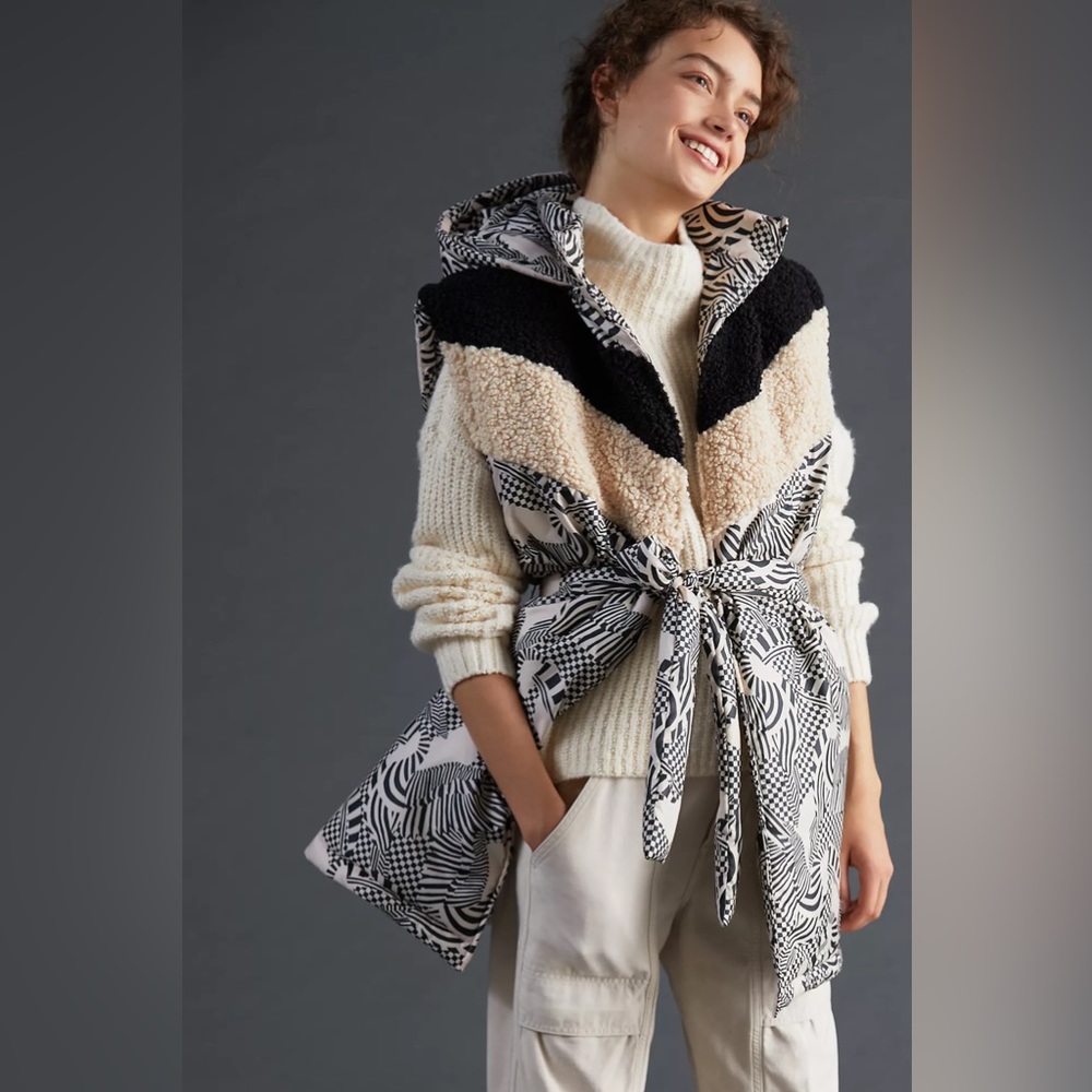 FARM Rio x Anthropologie Lively puffer vest hooded belted zebra sherpa